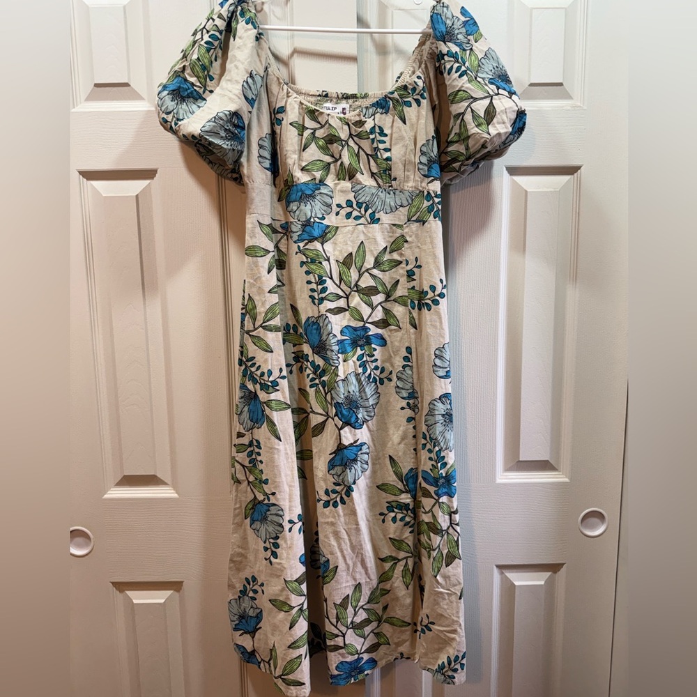 Floral Blue & Green Puff-Sleeve Midi Dress Large